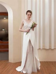 V-Neck Wedding Dress Beaded Lace and Satin Panel Front Slit Light LD8036