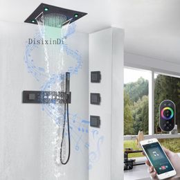 Ceiling Mount 16 lnch LED Music Shower Head Rain And Waterfall Shower Faucet Bathroom Thermostatic Shower Mixer Set