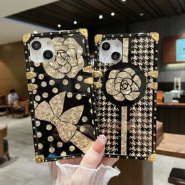 Shockproof Luxury Golden Square Cases For iPhone 15 14 plus 13 12 11 Pro Max XR XS X Camellia Mobile Phone Bling Back Cover Capa Funda