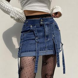 Skirts Y2K Denim Solid Colour High Waist Belt Design A-Line Mini Streetwear Women Spring Summer Casual