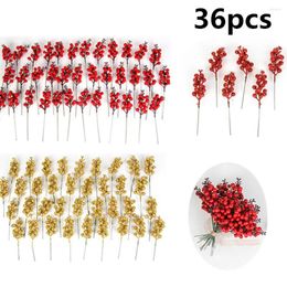 Christmas Decorations 6/12/24/36pcs Mini Red Artificial Flowers Stamen Berries RedCherry DIY Wedding Cake Gift Box Wreaths Decor