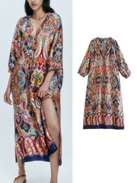 Casual Dresses TRAF Elegant Women Printed Autumn Loose Vintage Deep V neck Female Single Breasted Mid Calf Soft Vestidos 220916