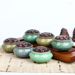 Fragrance Lamps Celadon Geyao Ice Crack Aroma Burner Coil Incense Hollow Floral Lid Ceramic Censer Living Room Home Decoration