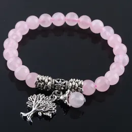 8mm Natural Rose Quartzs Strand Stone Bracelet Pink Crystal Beads Beaded Stretch Bangle Metal Tree Of Life Charms Jewelry K3219