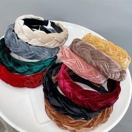 Fashion Women Headband Wide Side Warm Gold Velvet Hairband Handmade Braided Turban Autumn Hair Accessories