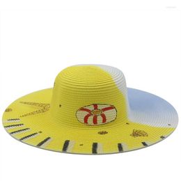 Wide Brim Hats Women And Men Summer Cute Scrawl Flat Top Fedora Straw Hat Outdoor Travel Beach Sunscreen HatWide HatsWide