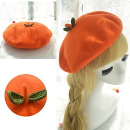 Berets Women Kids Winter Faux Wool Stretchy Beret Cap With Cute Green Leaves Japanese Kawaii Cartoon Orange Fruit Painter Hat Dropship