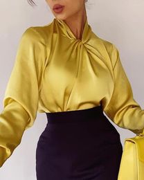 Women's Blouses 2022 Women Elegant Fashion Shirt Female Basic Black Brief Party Top Long Sleeve Twist Button Satin Yellow Cross