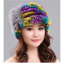 Visors Winter Real Rex Fur Women Hats Natural Visor With Genuine Decoration Warm Female Knitted Cap H37Visors VisorsVisors