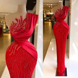 Red Mermaid Evening Dresses One Shoulder Collar Tulle Prom Gowns Sleeveless Floor Length Prom Party Dress Robe De Soiree
