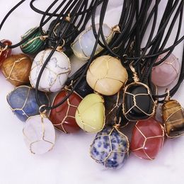 Natural Stone Wire Winding Necklace Irregular Amethyst Rose Quartz Crystal Agate Pendant Necklaces Jewellery Accessories