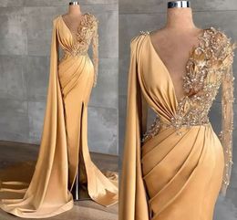 Gold Yellow Evening Dresses Deep V Neck Sheer Long Sleeve Beaded Crystals Luxury Party Occasion Gowns