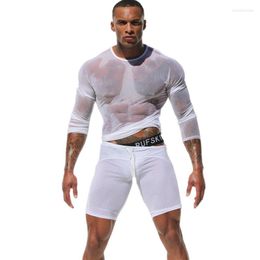 Men's Tracksuits 1 Set Sexy Long-sleeved Casual Fation Cotton T-shirt Transparent Mesh Shirt Home Service Solid Color