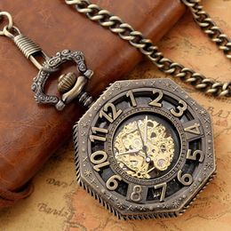 Pocket Watches Antique Bronze Conspicuous Hollow Number Manual Mechanical Watch Round Alloy Dial Thick Chain Pendant Old Clock Men Women