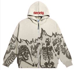 Designer's new trendy men's street clothing retro skull hoodie with zipper hooded sweatshirt Gothic loose round neck skeleton hoodie J6UB