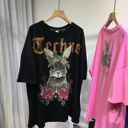 Women's T Shirts Luxury Drilling Femme T-shirt 2022 Summer Rose Flower Mid-length Oversized Top O-neck Short Sleeve Women Tees