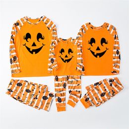 Halloween Home Clothing Pumpkin Family Matching Pajamas Mom Dad Kids Stripe Pumpkin Print Loungewear Sleepwear Set