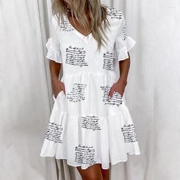 Skirts Casual Ruffles Loose V-Neck Dress Women Summer Short Sleeve Floral Print Woman Plus Size 2022 Fashion White Beach Dresses