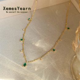 New Light Luxury Simple Green Water Drop Pendant Gold Colour Short Necklace For Woman Sexy Halloween Party Girl Neck chain