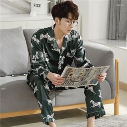 Men's Sleepwear Spring Satin Silk Men Pyjamas Suit Cartoon Long Sleeve Turn-down Collar Casual Soft Loose Male