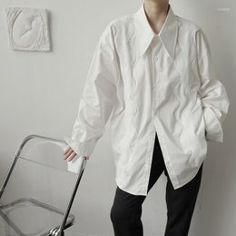 Men's Casual Shirts Men Japan Korean Niche Fashion Streetwear Loose Long Sleeve Lace Stripe Shirt Stage Show Clothing Male Dress