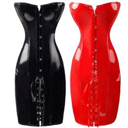 Bustiers & Corsets Steampunk Women Shiny PU Leather Overbust Long Corset Dress Waist Trainer Corselet Sexy Deep V Neck Short Outdoor Wear