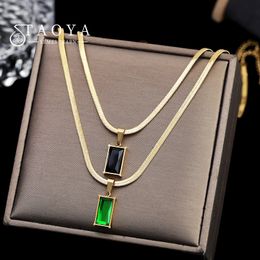 Geometric Green Crystal Square Pendant Necklace Stainless Steel Sexy Snake Bone Chain Jewelry Fashion Clavicle Choker