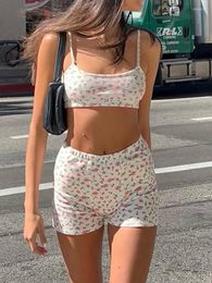 Women's Tracksuits 2022 Women Two Pieces Knitted Shorts Set Printing Strap Crop Top Cami Tops High Waist Outfits Party Streetwear