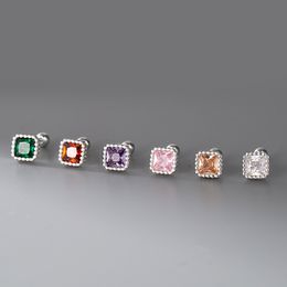 925 Sterling Silver Square Stud Earrings For Women Colorful CZ Zircon Earring Screw Back