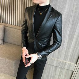 Men's Fur Single Buckle PU Leather Pure Black Slim Suit Jacket Fashion Men's Business Casual Dance Party Mens Korean Blazer