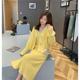 Work Dresses Korean Style Cute Chic 2022 Fashion Women Two-pieces Sets Outfits Knitted Pullover And Tank Dress