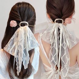 Fashion Lace Ribbon Hair Sticks Women Elegant Artificial Rose Hairpins With Embroidery Organza Ribbon Headdress Hair Accessories