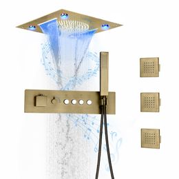 The New Antique Brass Music Led Shower System Ceiling Mounted 16 Inch Waterfall and Rain Shower Head Bathroom Set