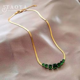 European and American Green Stone Stainless Steel Gold Colour Necklace For Womans Fashion Non Fading Jewellery Luxury Accessories
