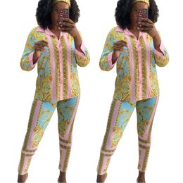 Womens Tracksuits Spring Leisure Suit Long Sleeve Print Dress Top Coat and Pant Two Piece Sets Womens Sweat Suits Women Blouse Legging Clothing