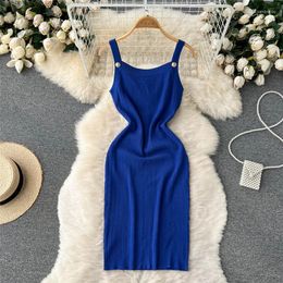 Casual Dresses Summer 2022 French Style Elegant Spaghetti Strap Backless Midi For Women Solid Colour Clothing In Stock