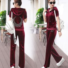 Women's Two Piece Pants 2022 Spring Women's Clothing Brand Gold Velvet Fabric Sportswear Sports Suit Hooded Sweater 3XL