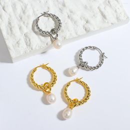 Hoop Earrings AENSOA Vintage Natural Freshwater Pearl Pendant Gold Plated Copper Twisted Round Circle For Women Jewellery