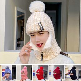 Home winter women's knitted Korean Plush Pullover ear cap women's cycling wool zipper Bib warm hat