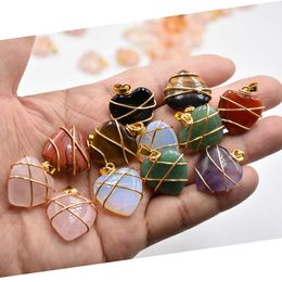 Gold Colour Wire Wrap Heart Shape Charms Natural Stone Mixed Pendants for Jewellery Accessories Making Wholesale