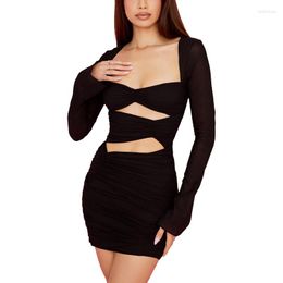 Casual Dresses Women Long Sleeve Dress With Hollow Decoration Solid Colour Skinny Fit Spring Clothing