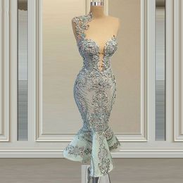 Sexy Tea Length Evening Dresses Lace Appliqued Beaded Mermaid Prom Gown Plus Size Females robes de soiree