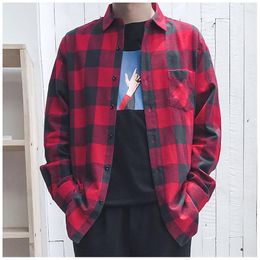 Men's Casual Shirts Slim-Fit Plaid Long-Sleeved Shirt Men's Cotton Youth Square Collar Harajuku T Men