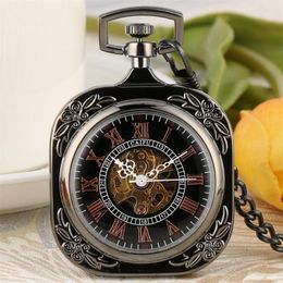 Pocket Watches Elegant Vintage Square Black Mechanical Watch Rose Gold Roman Numeral Hand Winding Mechanism Movement Antique Chain Clock