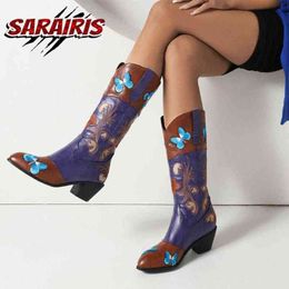 Çizmeler Şık Moda Tasarımcısı Kovboy Kovboy Çizmeleri Tıknaz Topuklu Orta Buzağı Nakış Platformu Kadın Batı Çizmeler Kış Rahat Ayakkabılar T220915