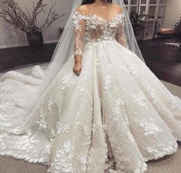 Ballgown Wedding Dresses Bridal Gown D Floral Applique Tulle Satin Jewel Neckline Long Sleeves Custom Made Plus Size Vestido De Novia e