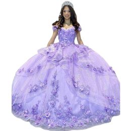 Lilac Quinceanera Dresses 3D Flower Appliques Vestidos de XV anos Ruffes Tiere Glitter Sweet 15 Prom Gowns