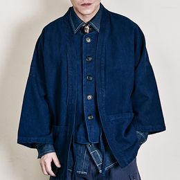 Men's Jackets Vintage Kendo Indigo Jacket Men Heavy Weight Cotton Linen Pockets Blue Dyed Autumn Male Loose Casual Cardigan Coat