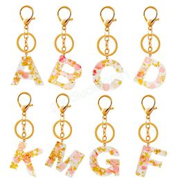 Cute Floral Gold Foil Epoxy Resin Letter Key Rings for Women Light Pink A-Z English Initial Acrylic Key Chain Charm Bag Decor