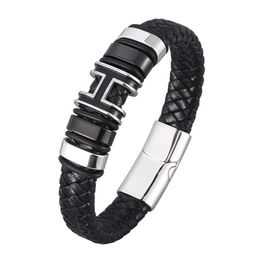 Charm Bracelets Genuine Braided Leather Bracelet For Men Stainless Steel Magnet Clasp H Woven Bangle Trendy Male Wristband Jewelry SP09277R